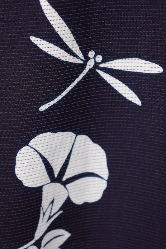 Yukata used (Japanese summer kimono), ro (gauze weave), indigo and white, morning glory and dragonfly pattern, traditionally dyed, size L180