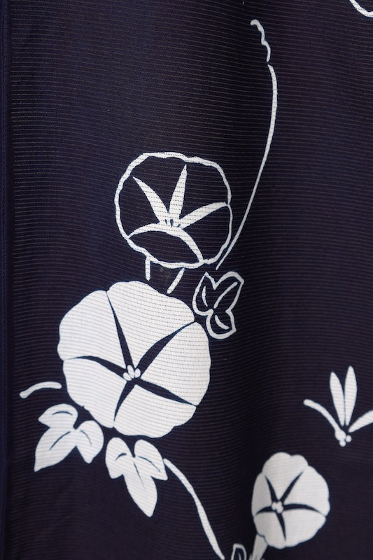 Yukata used (Japanese summer kimono), ro (gauze weave), indigo and white, morning glory and dragonfly pattern, traditionally dyed, size L180