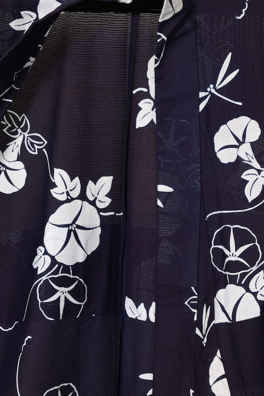 Yukata used (Japanese summer kimono), ro (gauze weave), indigo and white, morning glory and dragonfly pattern, traditionally dyed, size L180