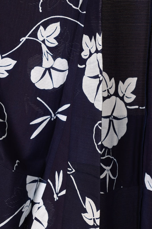 Yukata used (Japanese summer kimono), ro (gauze weave), indigo and white, morning glory and dragonfly pattern, traditionally dyed, size L180