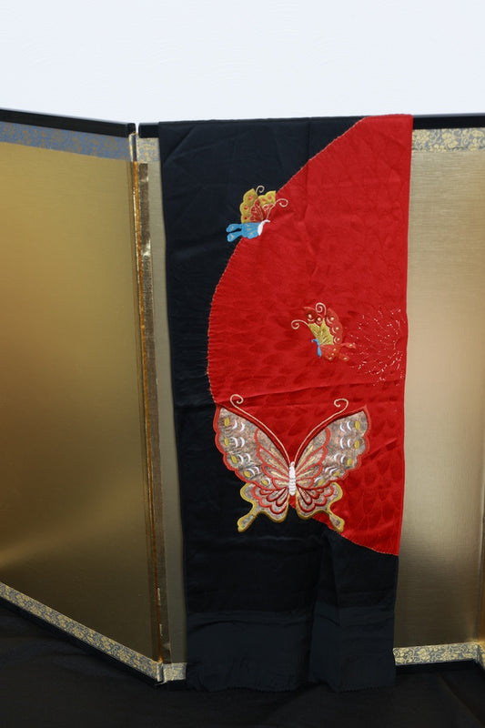 Obi-age (obi decoration )red black Hand embroidery pre-owned /P20