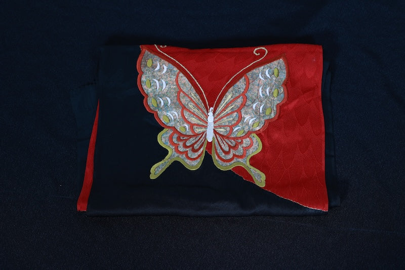 Obi-age (obi decoration )red black Hand embroidery pre-owned /P20