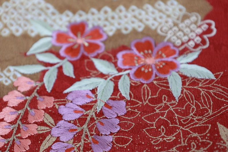 Obi-age (obi decration) red gold Hand embroidery pre-owned/P25