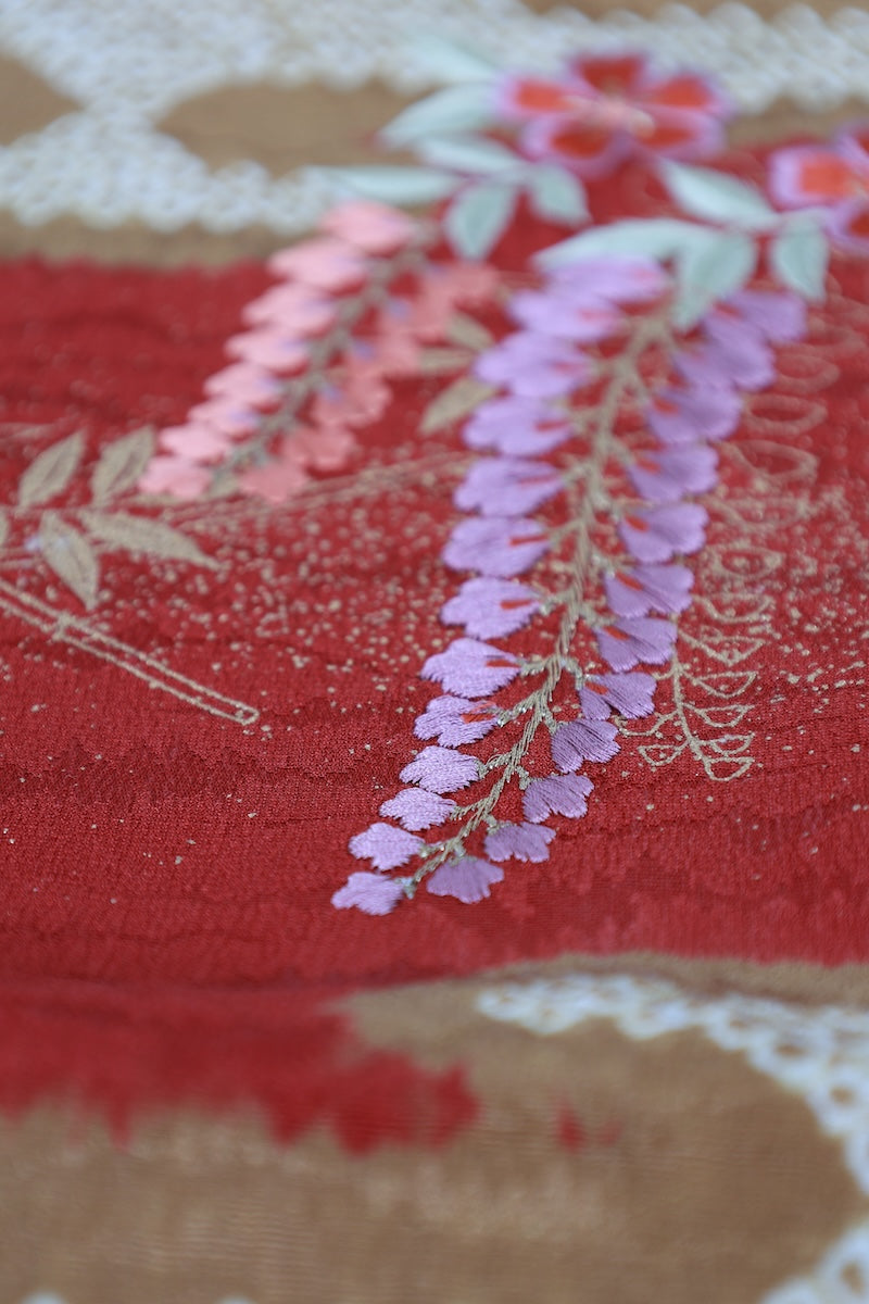 Obi-age (obi decration) red gold Hand embroidery pre-owned/P25