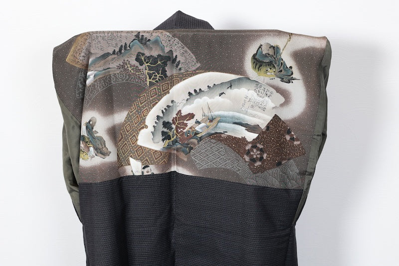 Authentic Oshima Tsumugi Men's Haori Jacket used, Indigo Shades, 80-count weave, Mud-dyed, Naturally Dyed, L166