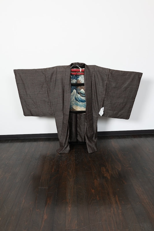 Men's authentic Oshima Tsumugi haori jacket used, brown and white, hand-spun, hand-woven, mud-dyed, plant-dyed, L169