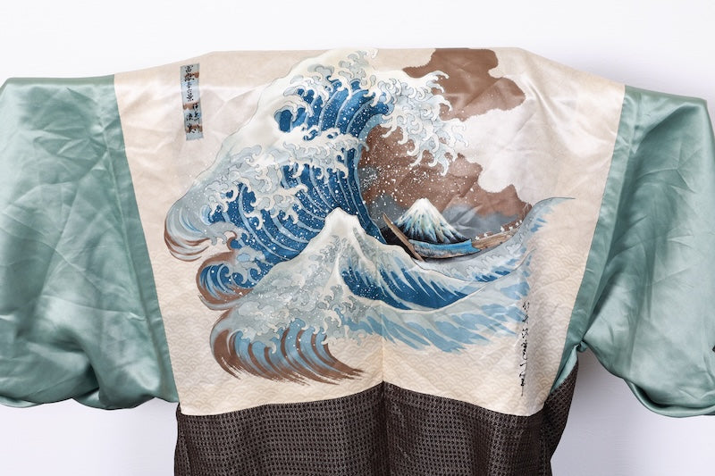 Men's authentic Oshima Tsumugi haori jacket used, brown and white, hand-spun, hand-woven, mud-dyed, plant-dyed, L169