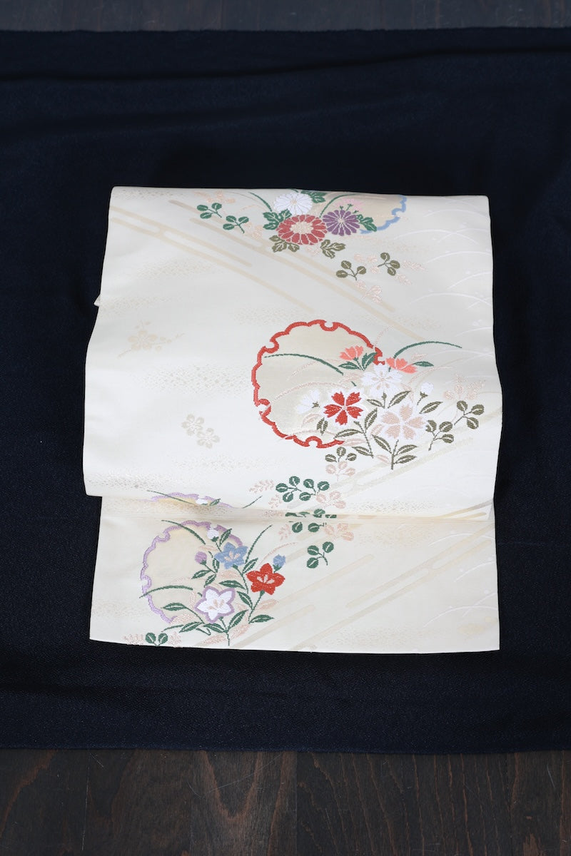 Nagoya-obi sash belt begie gold embroidery pre-owned /P29