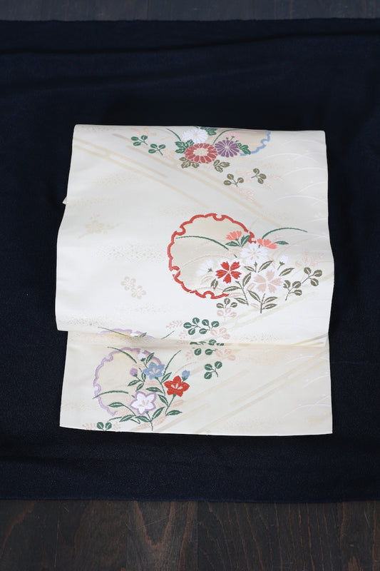 Nagoya-obi sash belt begie gold embroidery pre-owned /P29