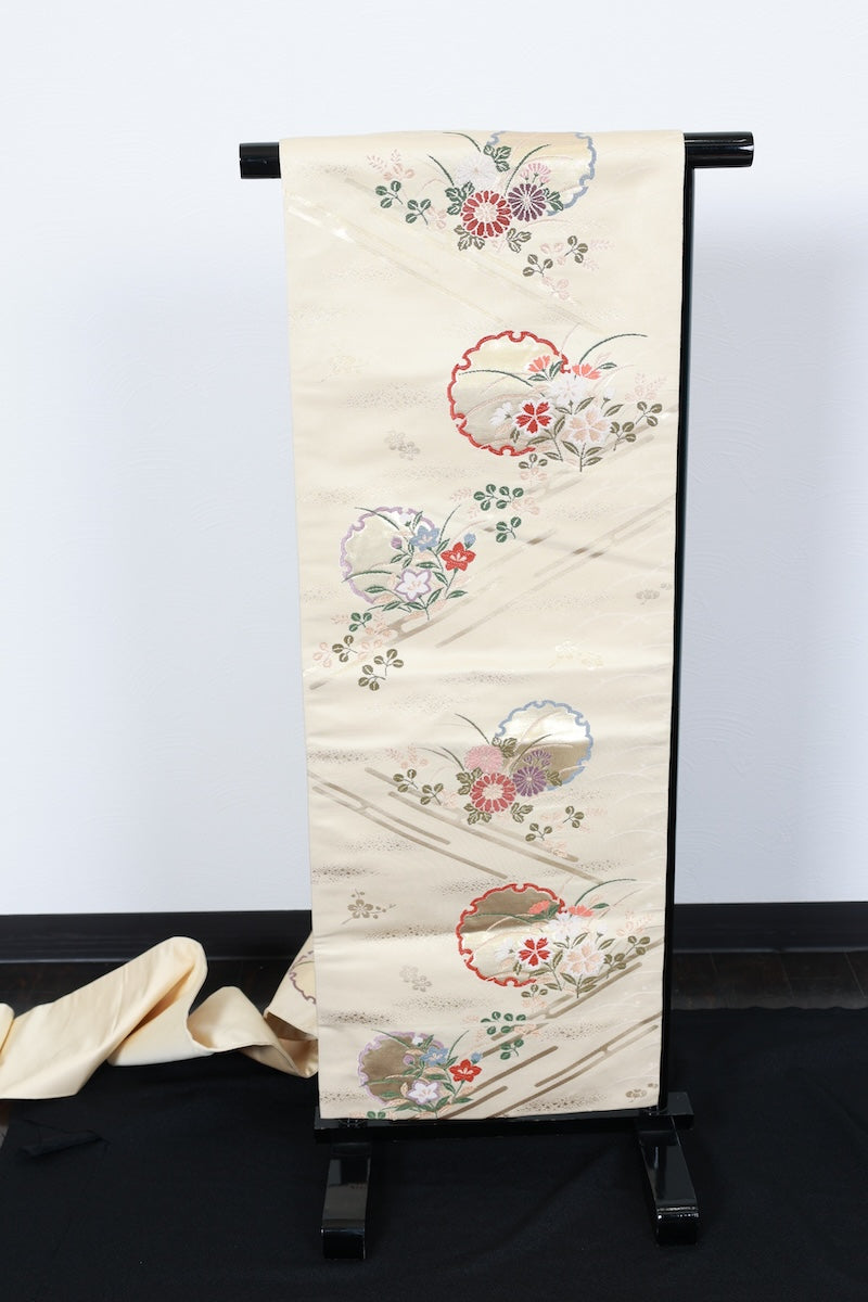 Nagoya-obi sash belt begie gold embroidery pre-owned /P29