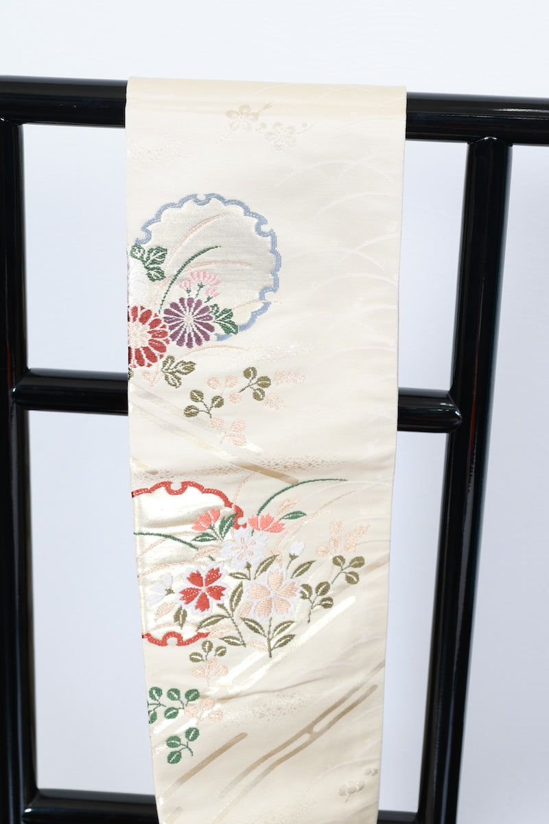 Nagoya-obi sash belt begie gold embroidery pre-owned /P29