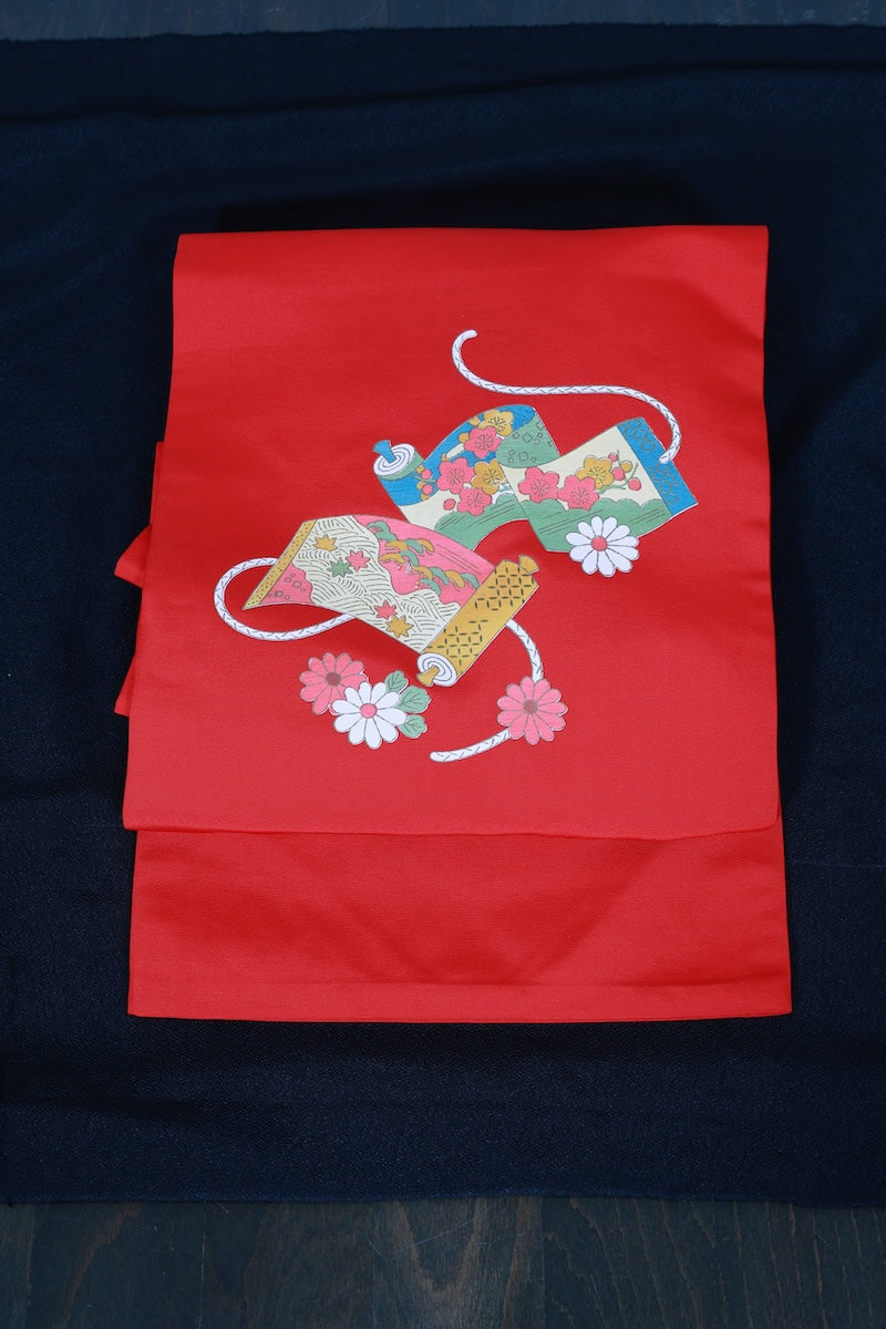 Nagoya-obi sash belt red Hand-drawn pre-owned /P30