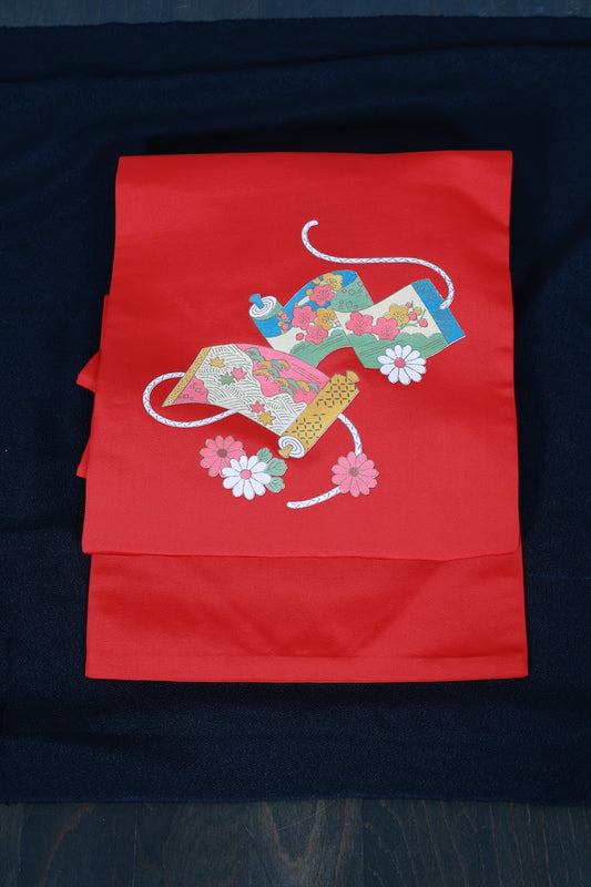Nagoya-obi sash belt red Hand-drawn pre-owned /P30