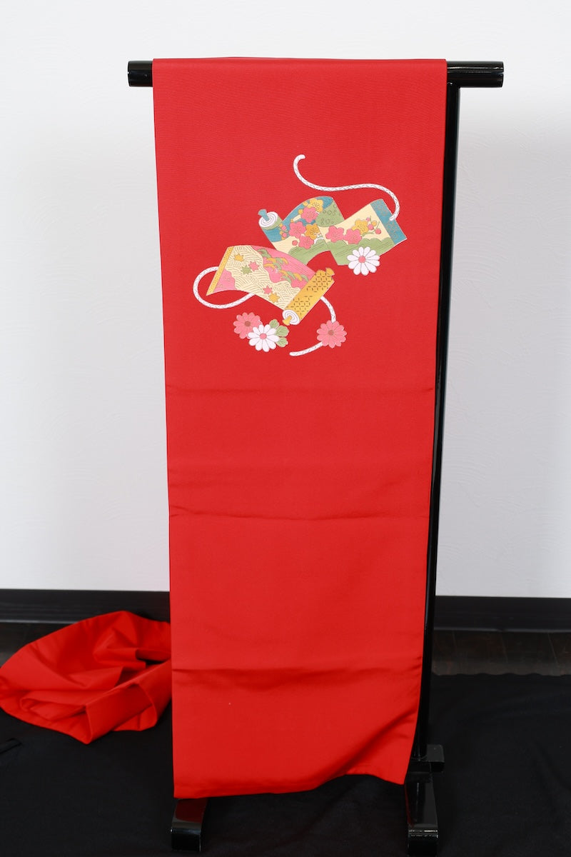 Nagoya-obi sash belt red Hand-drawn pre-owned /P30