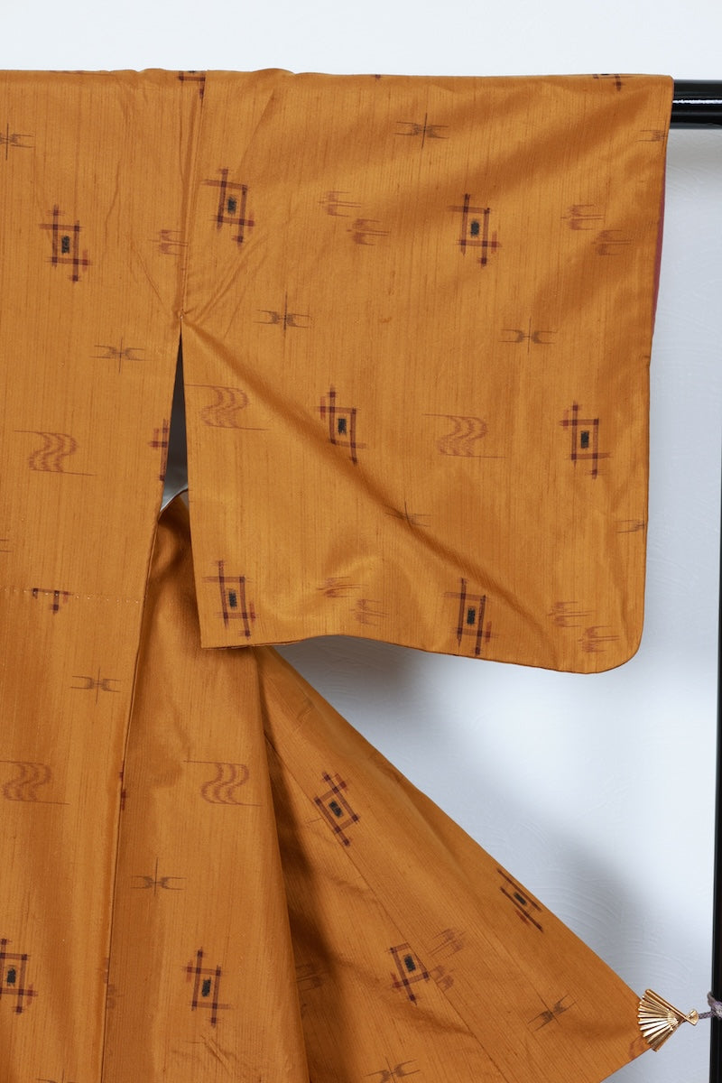 Tsumugi kimono Deep amber black ink Hand-woven pre-owned /AZ89