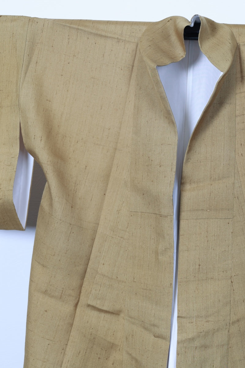 Iromuzi-kimono Hand-woven raw tsumugi ochre-colored pre-owned /AZ86