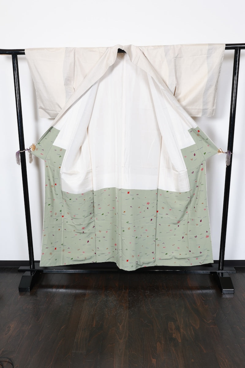 Tsumugi kimono white blue gray pre-owned /AZ82
