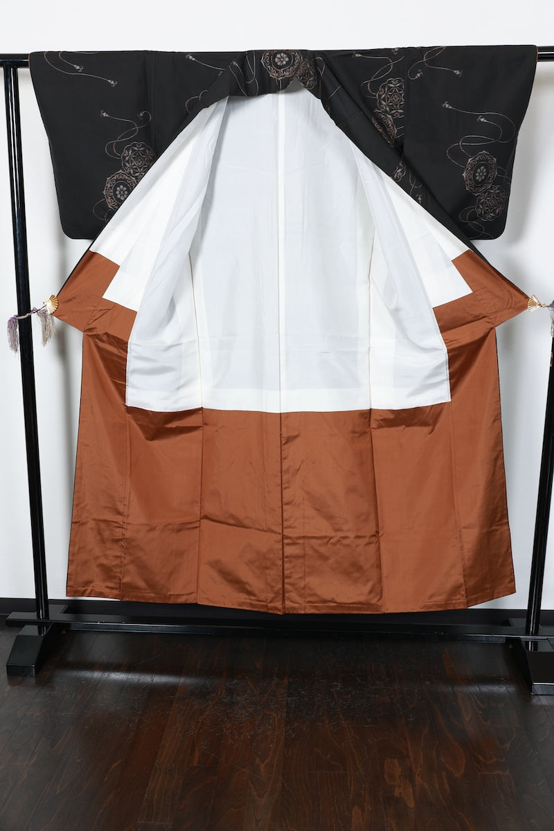 Tsumugi kimono black gray brown pre-owned /AZ80