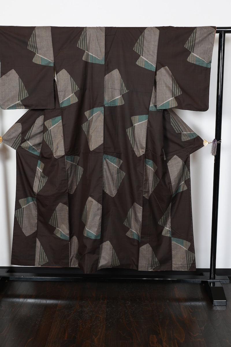 tsumugi kimono brown blue pre-owned /AZ79