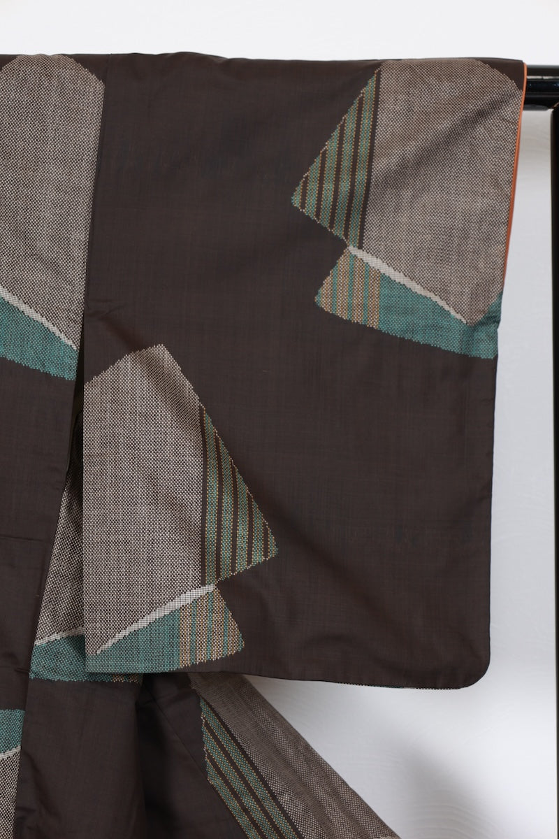 tsumugi kimono brown blue pre-owned /AZ79