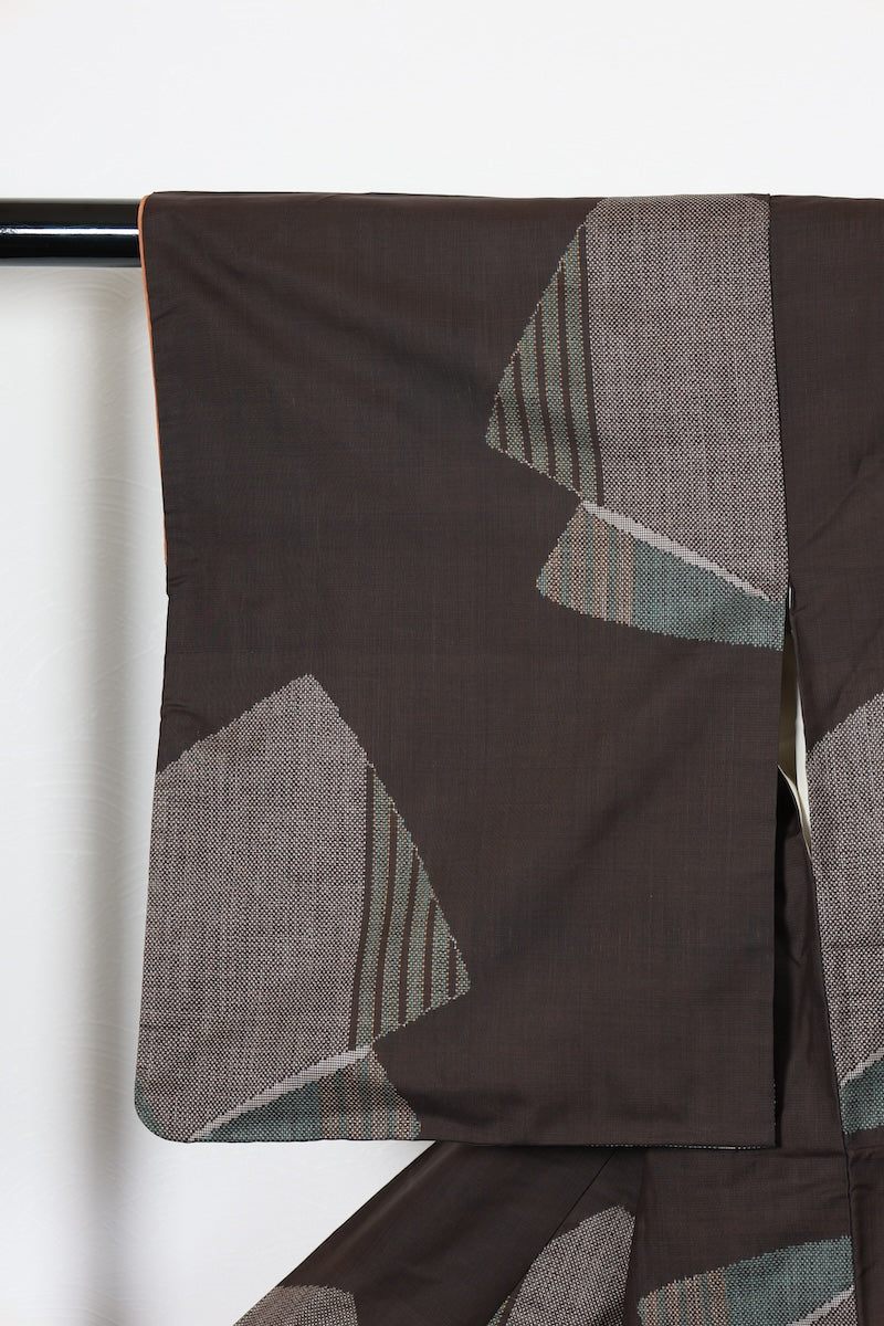 tsumugi kimono brown blue pre-owned /AZ79