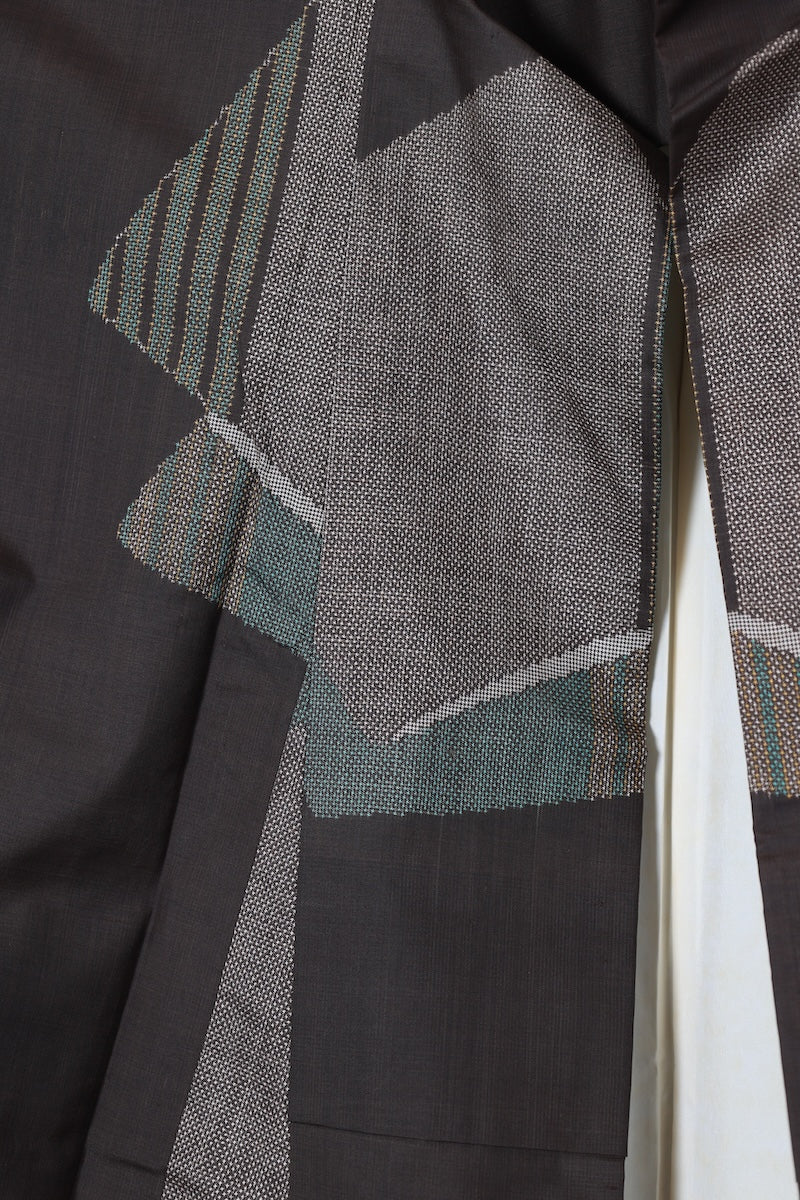 tsumugi kimono brown blue pre-owned /AZ79