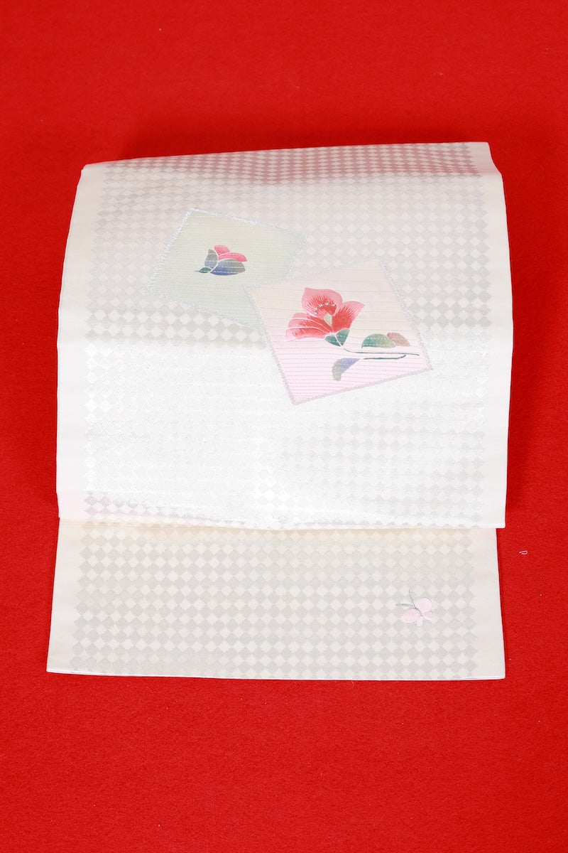 Nagoya-obi sash belt off-white silver red embroidery pre-owned /AZ99