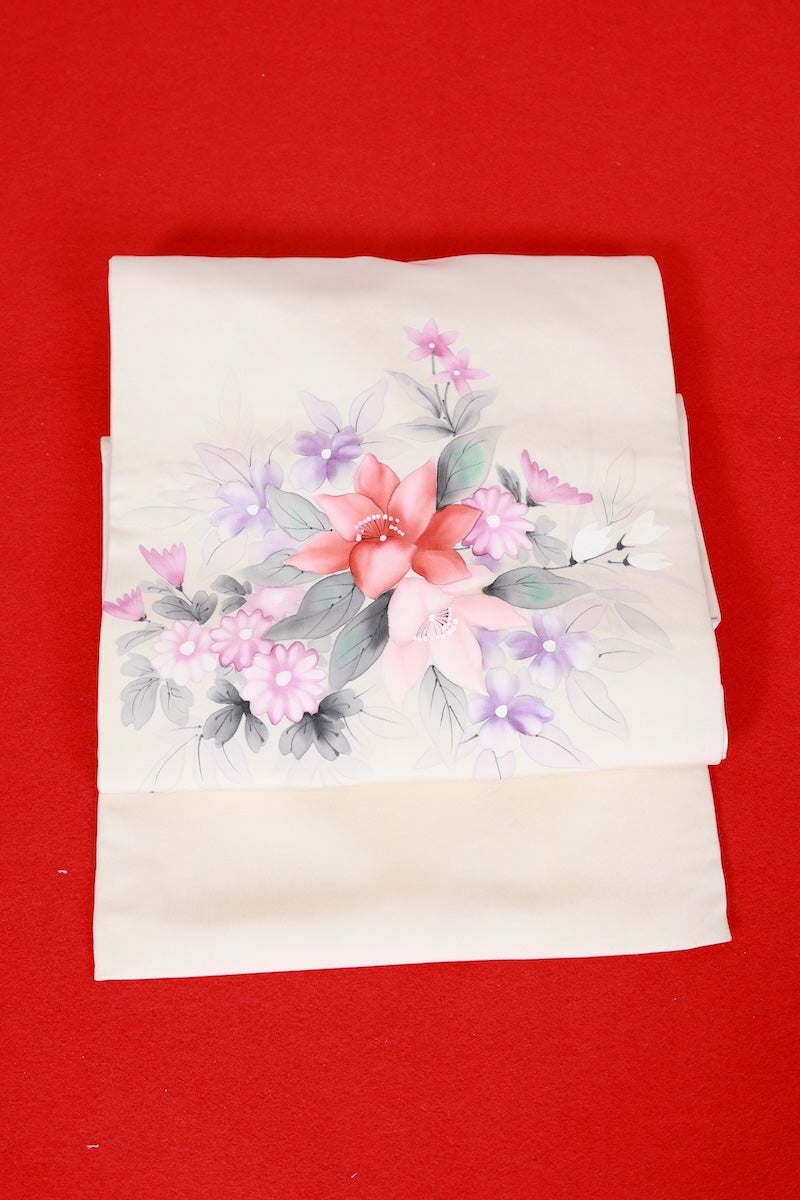 Nagoya-obi sash belt off-white Hand-drawn flower pre-owned /AZ98