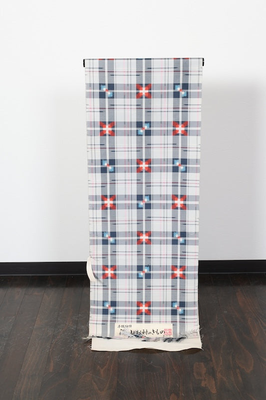 Miyama Tsumugi silk fabric, brand new, shades of gray, blue, white, and shades of red, ikat pattern, handwoven, checkered and geometric design, B1537