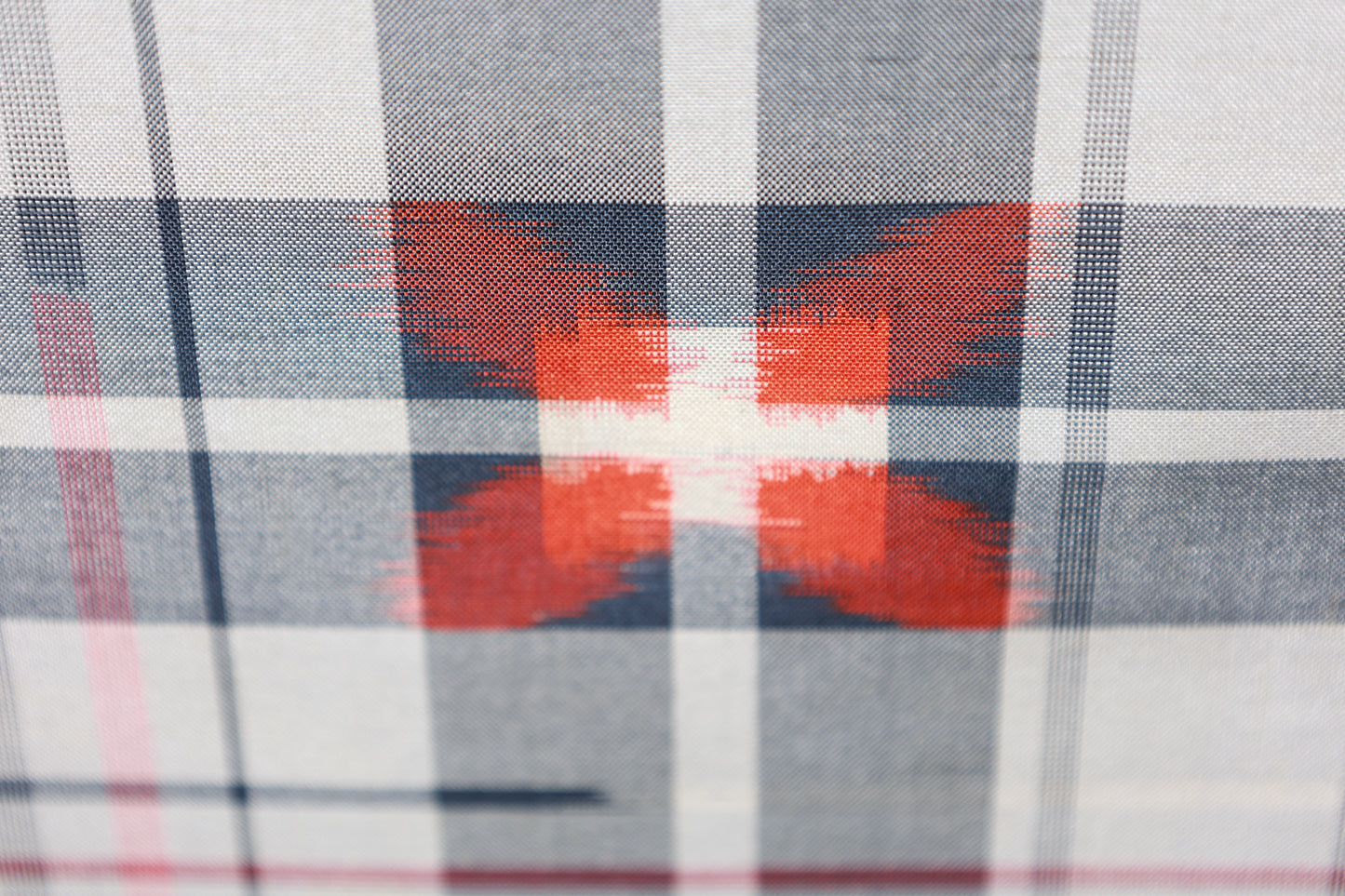 Miyama Tsumugi silk fabric, brand new, shades of gray, blue, white, and shades of red, ikat pattern, handwoven, checkered and geometric design, B1537
