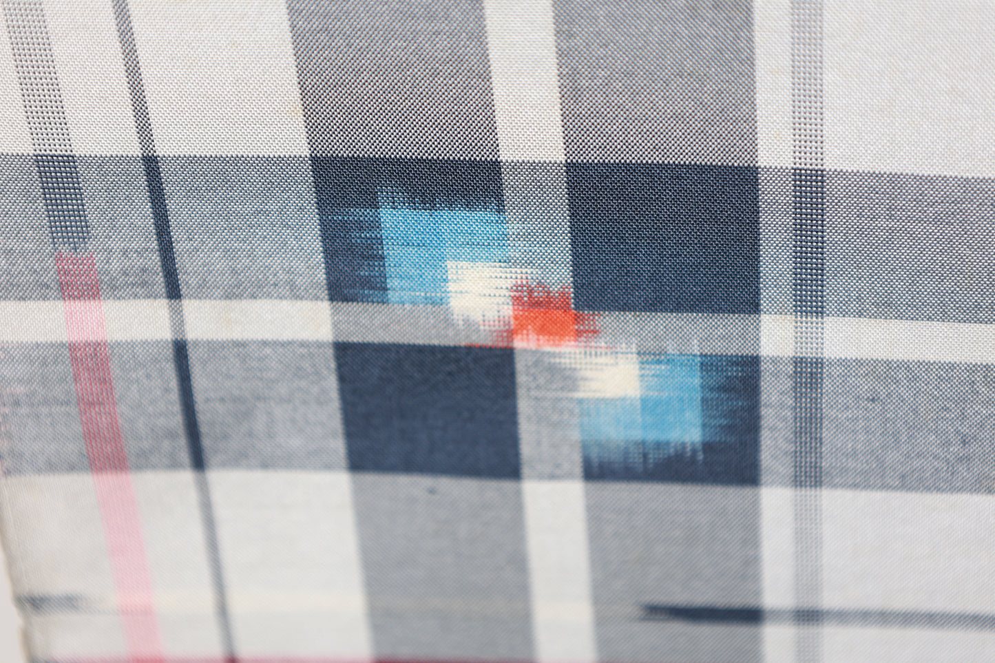 Miyama Tsumugi silk fabric, brand new, shades of gray, blue, white, and shades of red, ikat pattern, handwoven, checkered and geometric design, B1537