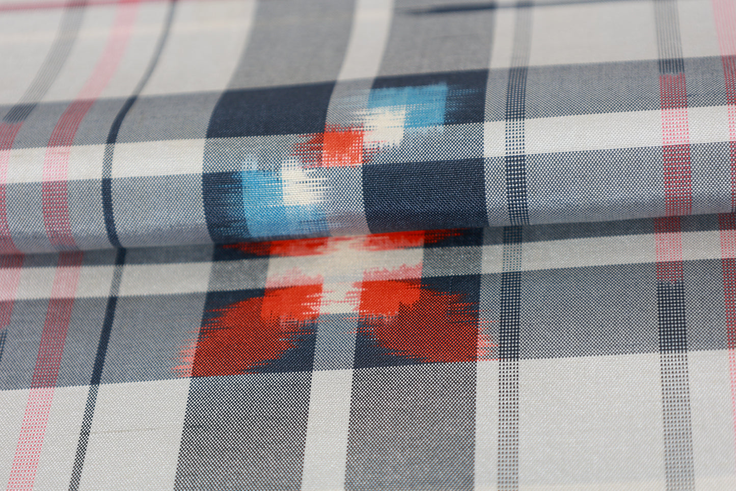 Miyama Tsumugi silk fabric, brand new, shades of gray, blue, white, and shades of red, ikat pattern, handwoven, checkered and geometric design, B1537
