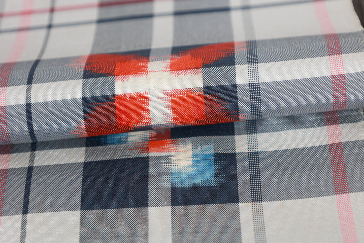 Miyama Tsumugi silk fabric, brand new, shades of gray, blue, white, and shades of red, ikat pattern, handwoven, checkered and geometric design, B1537