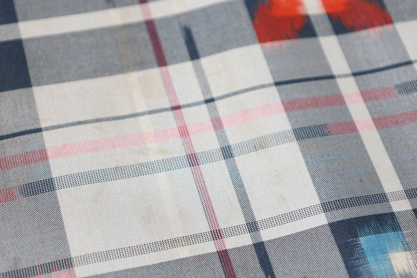 Miyama Tsumugi silk fabric, brand new, shades of gray, blue, white, and shades of red, ikat pattern, handwoven, checkered and geometric design, B1537