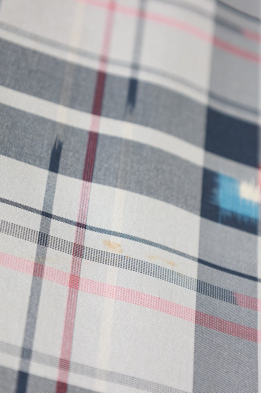 Miyama Tsumugi silk fabric, brand new, shades of gray, blue, white, and shades of red, ikat pattern, handwoven, checkered and geometric design, B1537