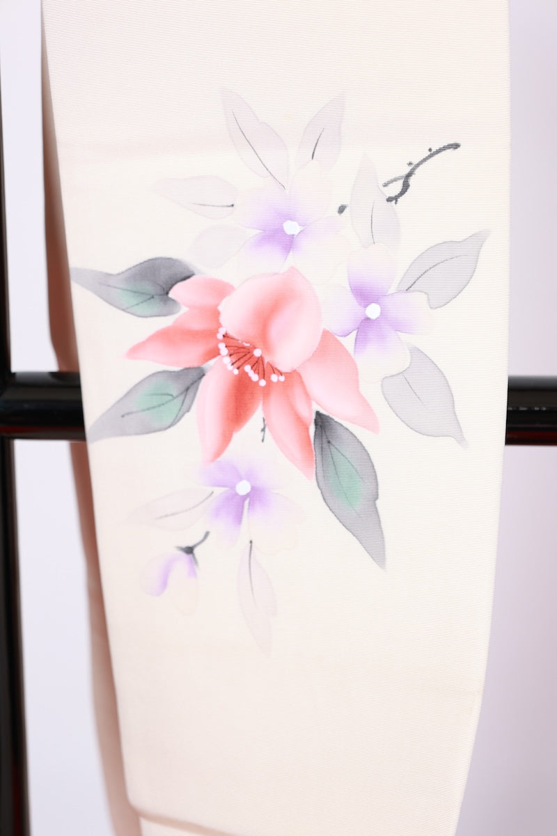 Nagoya-obi sash belt off-white Hand-drawn flower pre-owned /AZ98