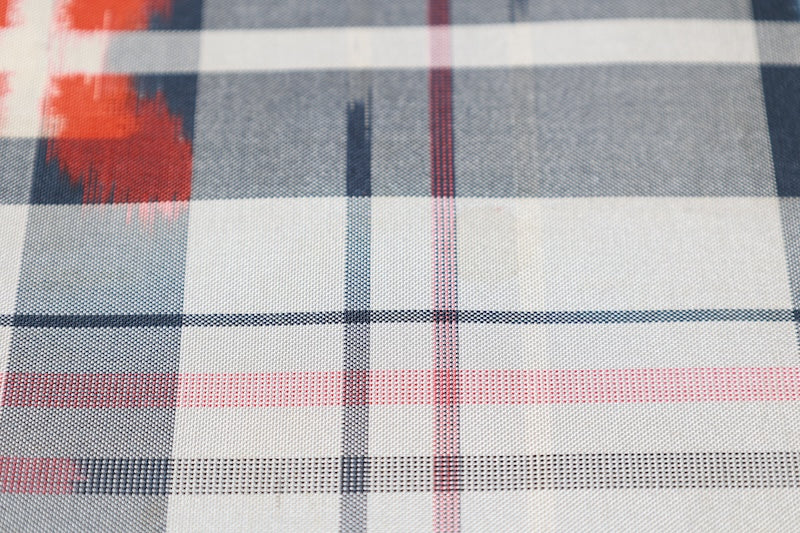 Miyama Tsumugi silk fabric, brand new, shades of gray, blue, white, and shades of red, ikat pattern, handwoven, checkered and geometric design, B1537
