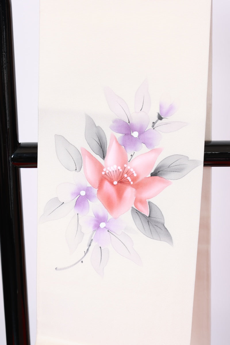 Nagoya-obi sash belt off-white Hand-drawn flower pre-owned /AZ98
