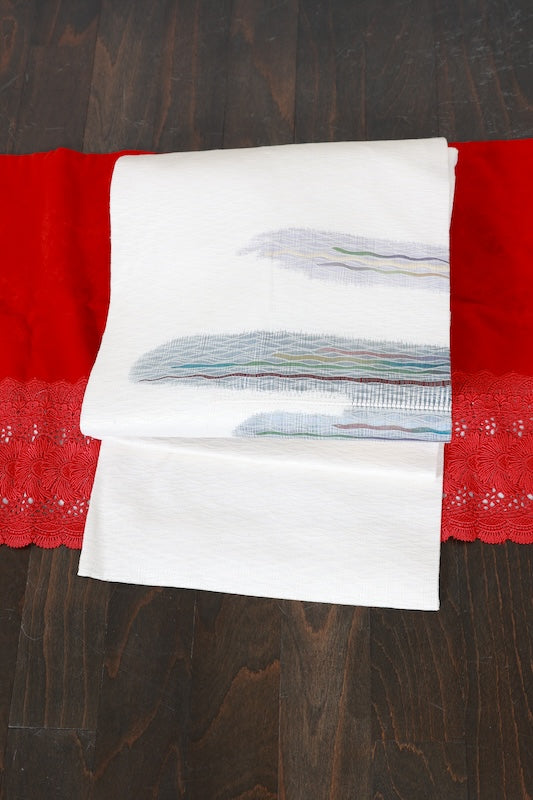 Nagoya obi used(sash) - White, gray, brown, green - wave weave - handwoven - B1542