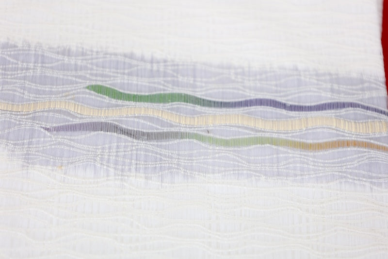 Nagoya obi used(sash) - White, gray, brown, green - wave weave - handwoven - B1542