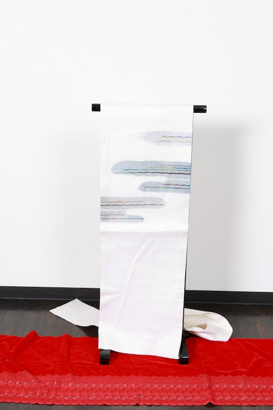 Nagoya obi used(sash) - White, gray, brown, green - wave weave - handwoven - B1542