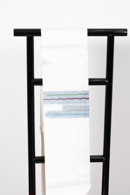 Nagoya obi used(sash) - White, gray, brown, green - wave weave - handwoven - B1542