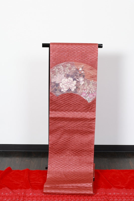Fukuro Obi used( sash) - Brick red, purple, white, indigo, silver, floral pattern, hand-woven, B1543