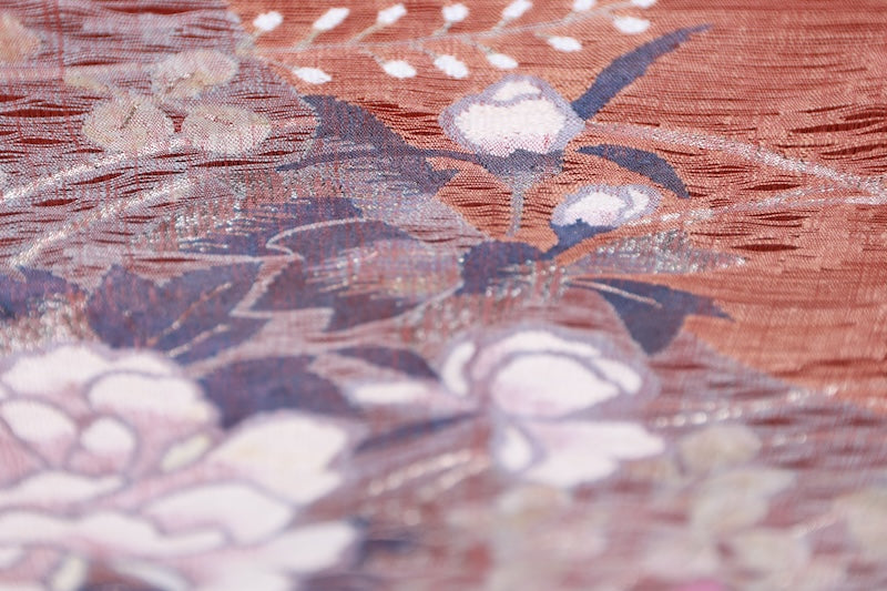 Fukuro Obi used( sash) - Brick red, purple, white, indigo, silver, floral pattern, hand-woven, B1543