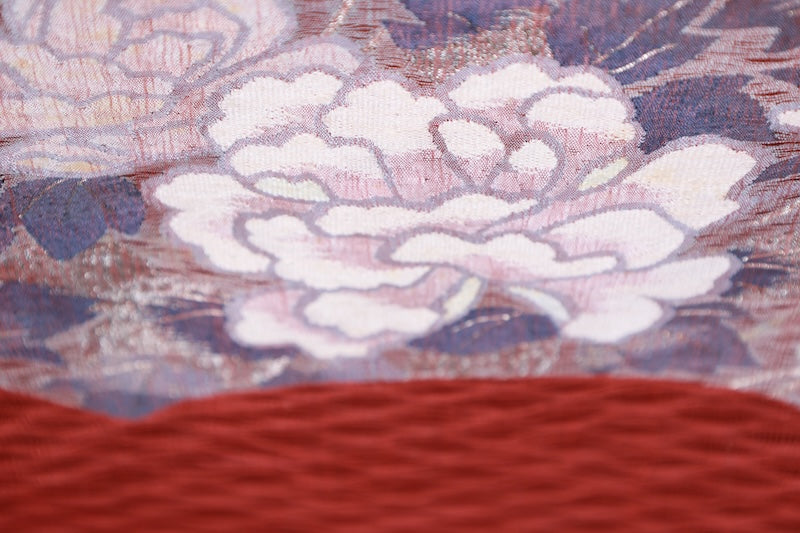 Fukuro Obi used( sash) - Brick red, purple, white, indigo, silver, floral pattern, hand-woven, B1543