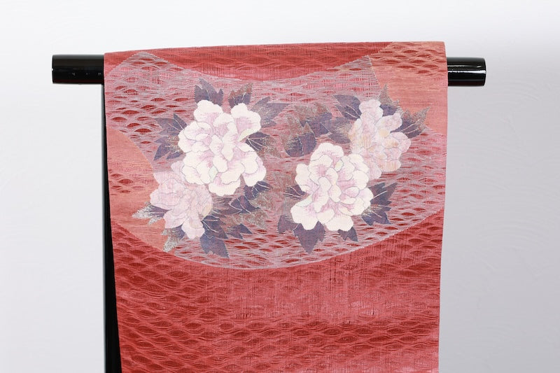 Fukuro Obi used( sash) - Brick red, purple, white, indigo, silver, floral pattern, hand-woven, B1543
