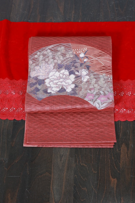Fukuro Obi used( sash) - Brick red, purple, white, indigo, silver, floral pattern, hand-woven, B1543