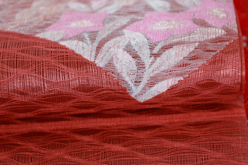 Fukuro Obi used( sash) - Brick red, purple, white, indigo, silver, floral pattern, hand-woven, B1543