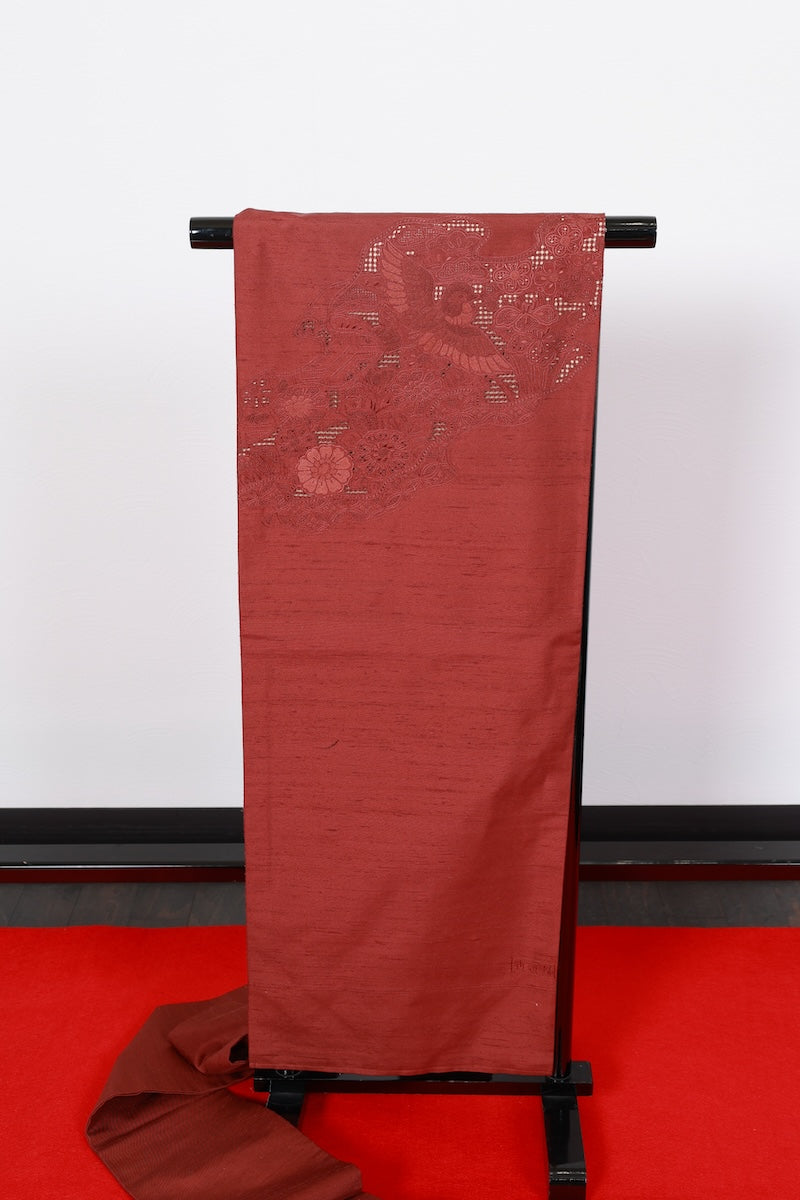 Nagoya-obi sash belt tsumugi flower bird pre-owned /AZ94