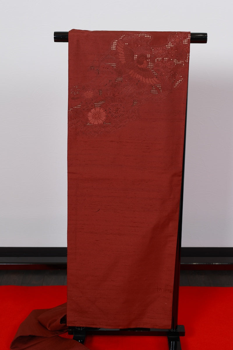 Nagoya-obi sash belt tsumugi flower bird pre-owned /AZ94